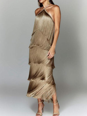 Camel halter neck maxi dress with tiered fringe detail