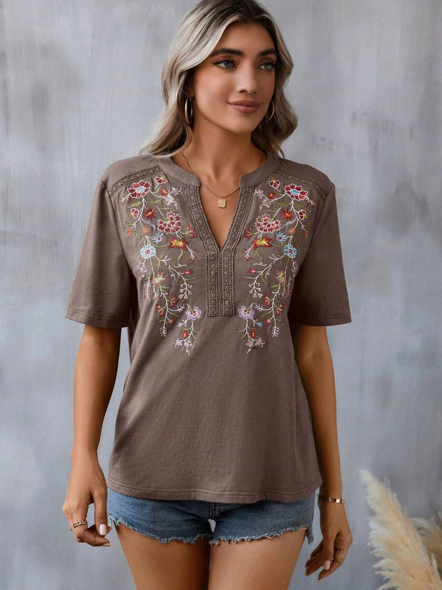 Taupe embroidered v-neck tee with crochet trim and short sleeves