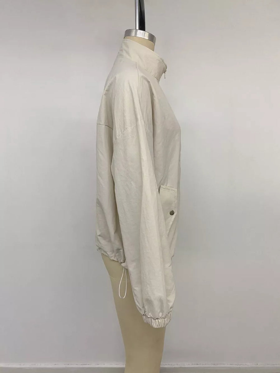 Zip-up Dropped Shoulder Jacket in Apricot with drawstring