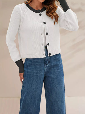 Color Block Ribbed Knit Button-front Cardigan in Brown with ribbed