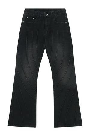 Dark wash denim flare jeans with chevron seam detailing.