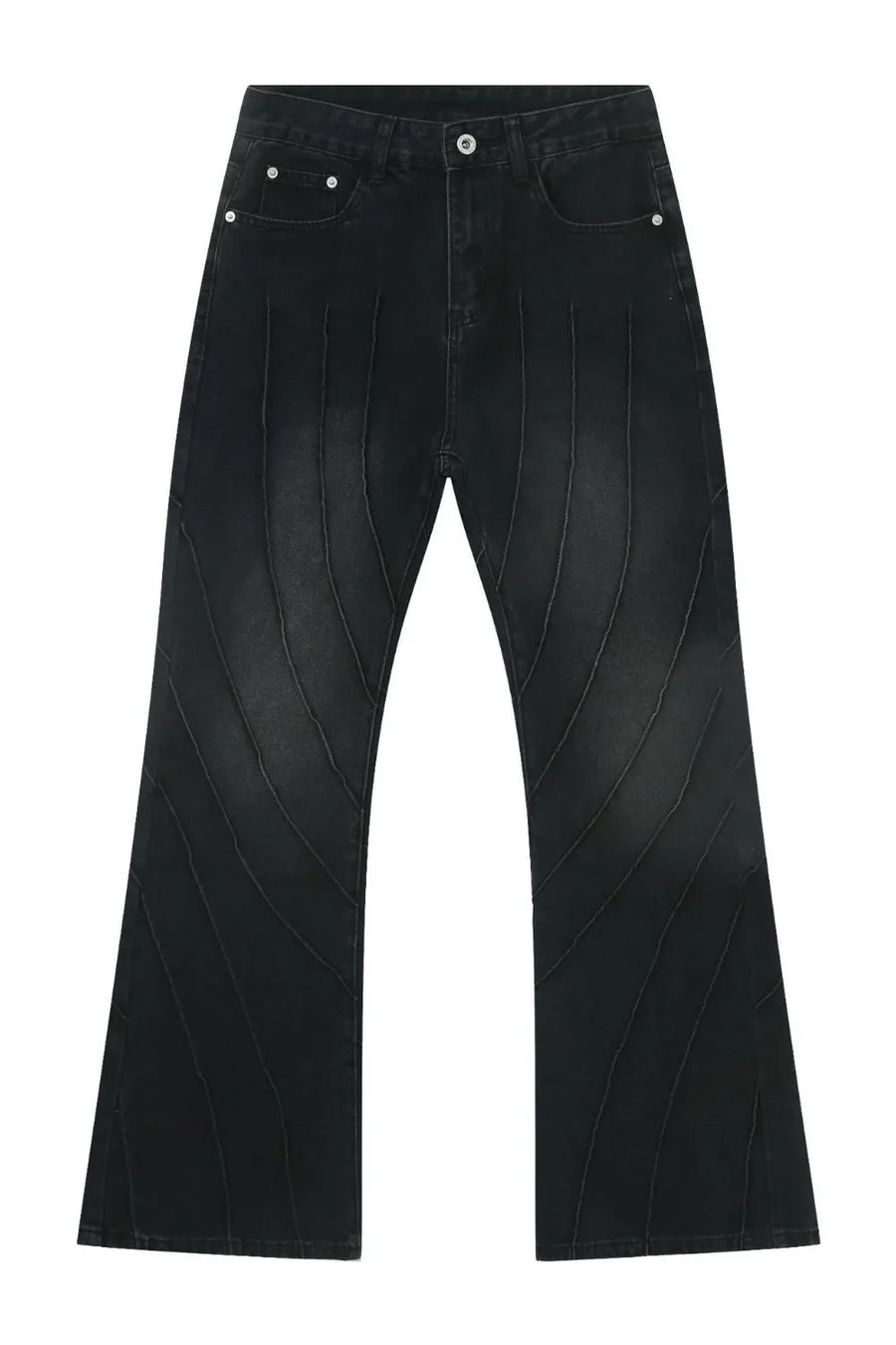 Dark wash denim flare jeans with chevron seam detailing.