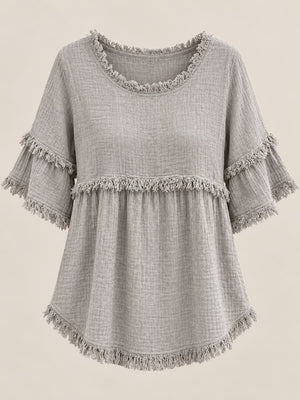 Full Size Frayed Edge Textured Blouse Plus Size in Red