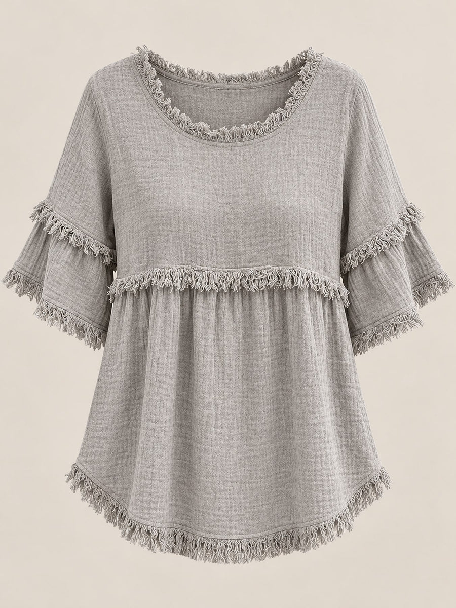 Full Size Frayed Edge Textured Blouse Plus Size in Red