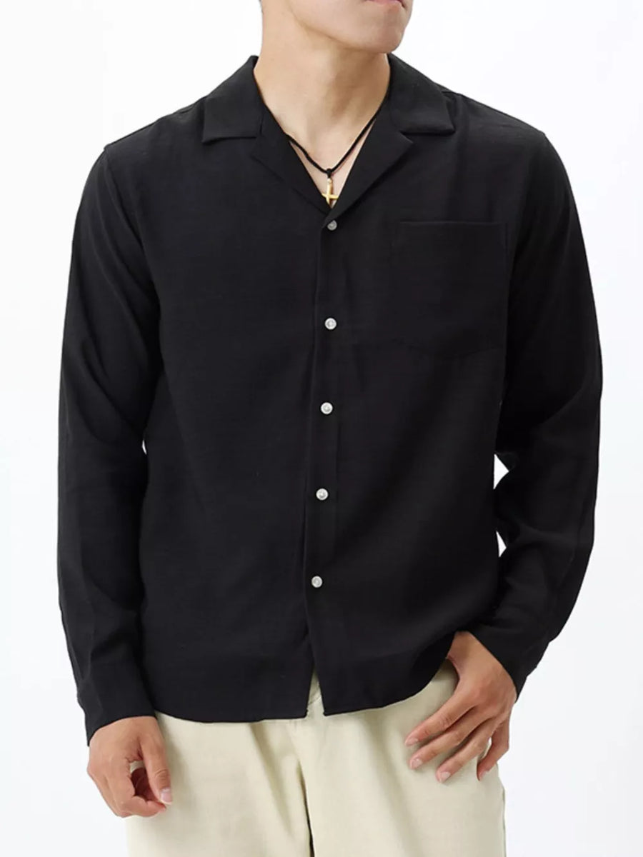 Black relaxed camp collar button-up shirt with chest pocket