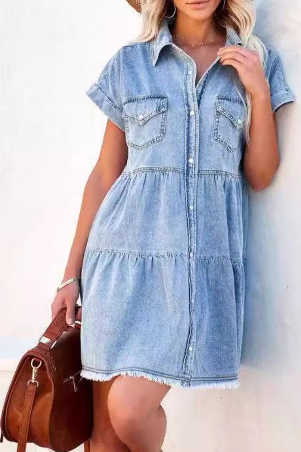 Light blue denim shirtdress with tiered skirt and frayed hem