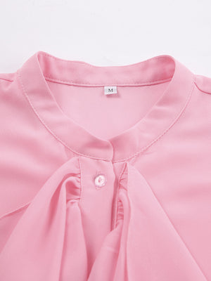 Pink ruffled flounce sleeve blouse with button detail and a tie neck.