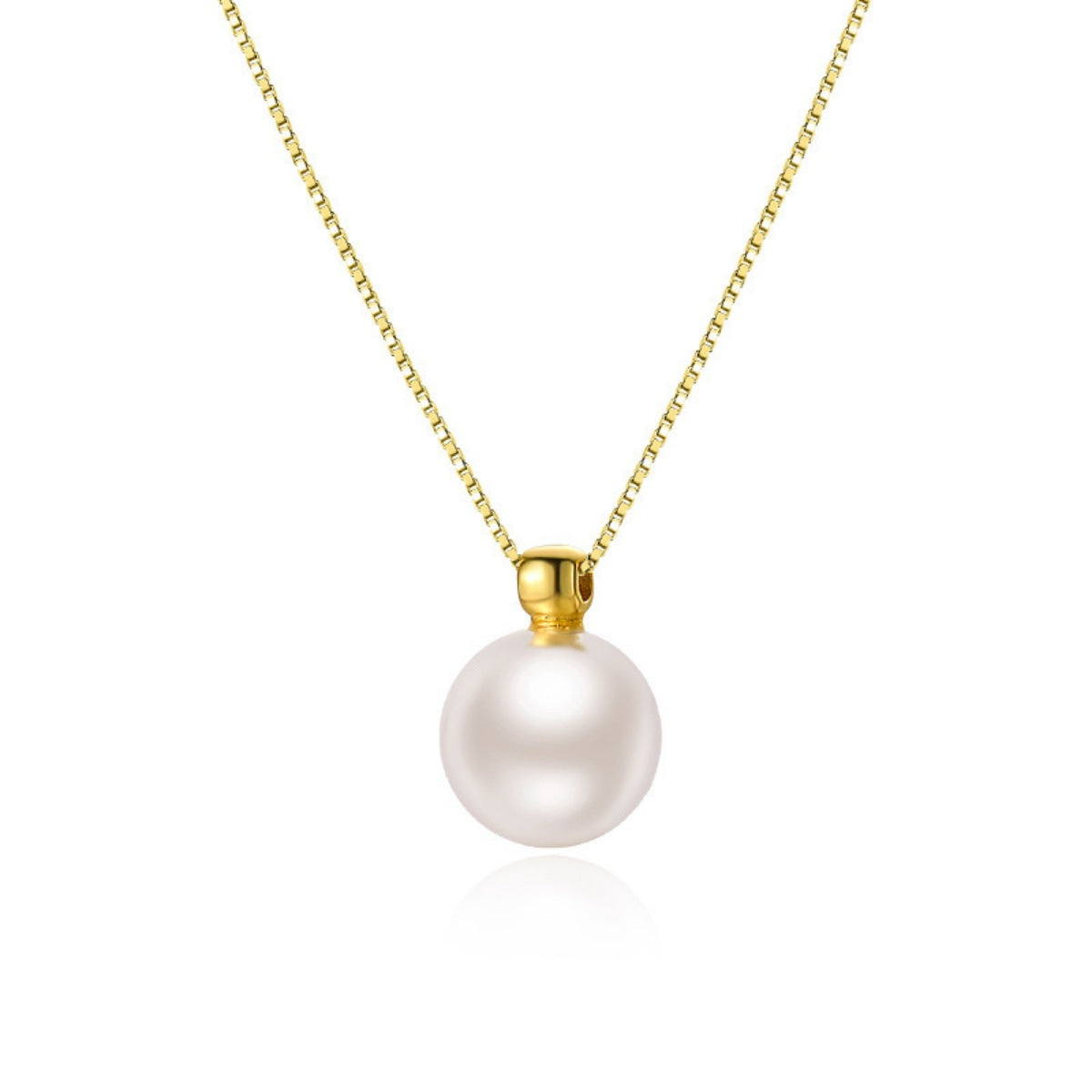 Gold chain necklace with a single white pearl pendant.