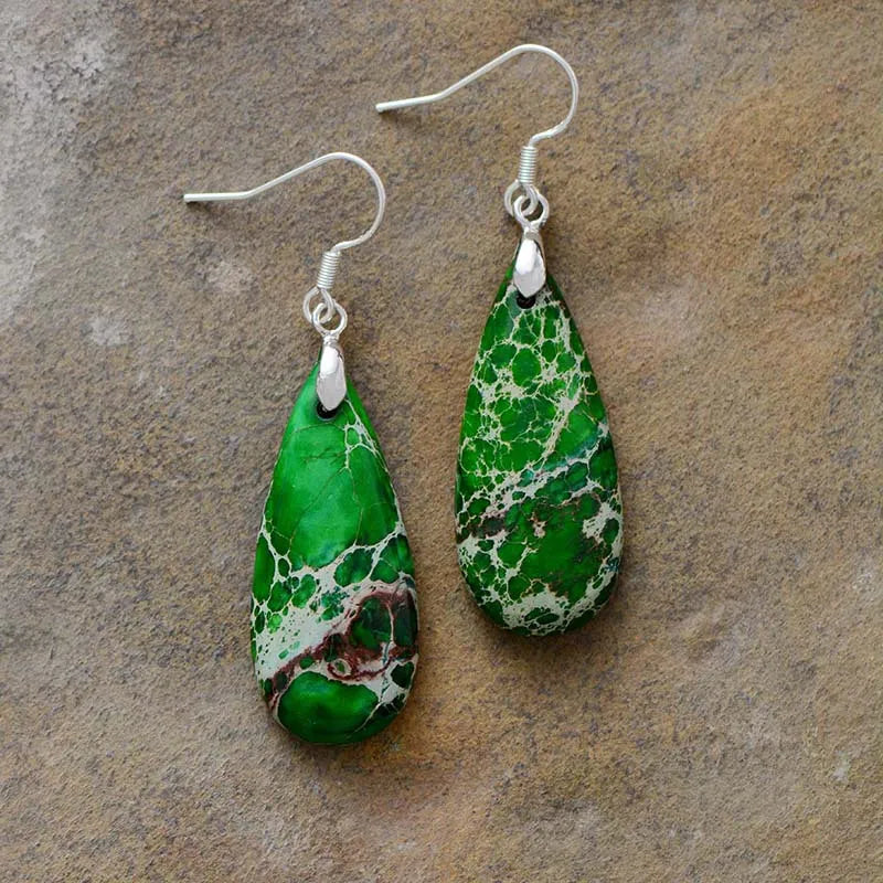 Green vein teardrop dangle earrings with silver hooks