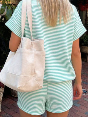 Striped mint green t-shirt and shorts set with cuffed sleeves and a relaxed fit.
