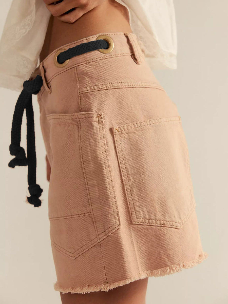 Drawstring Raw Hem Denim Shorts in blue with raw hem