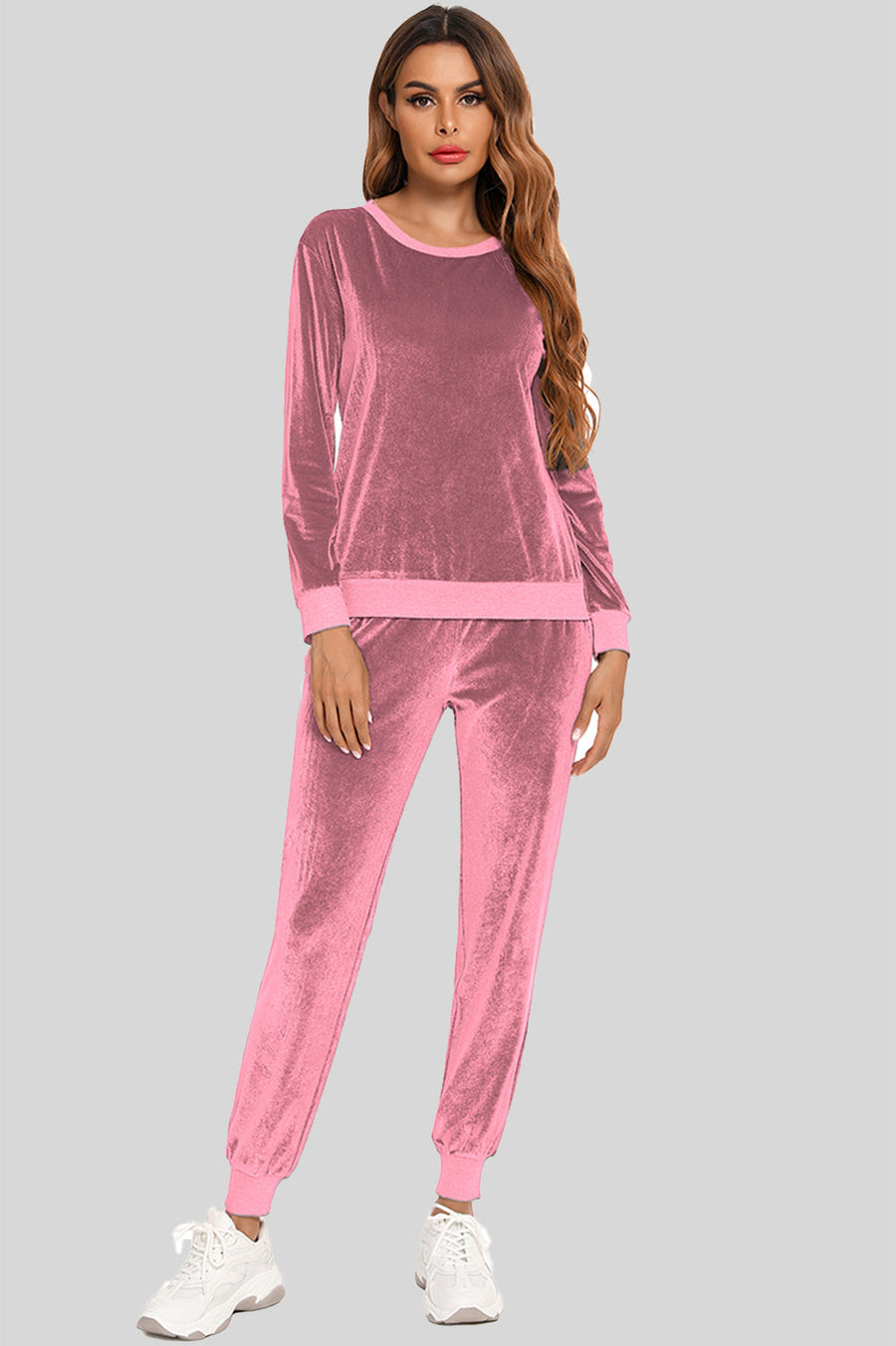 Dusty Pink velvet lounge set with contrast trim, crew neck, long sleeves, and jogger pants.