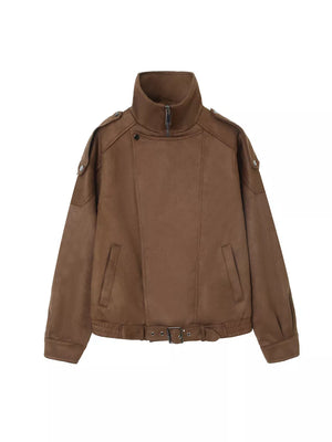 Asymmetrical Zipper Moto Jacket With Belt in Brown