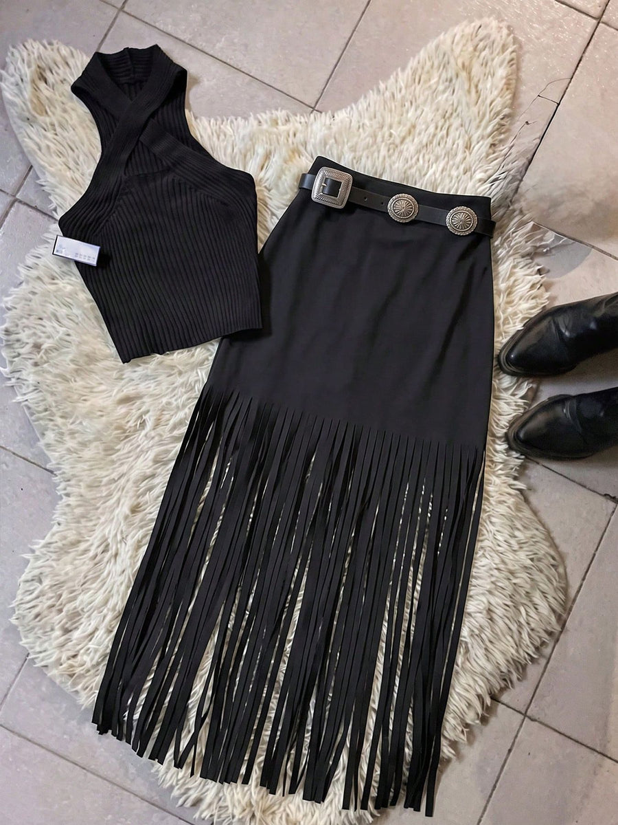 High-Waisted Fringe Midi Skirt in black with fringe