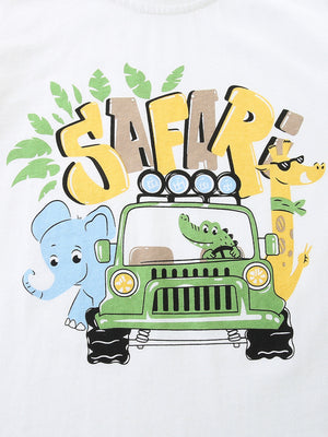 White cotton t-shirt with playful safari graphic featuring animals in a jeep.