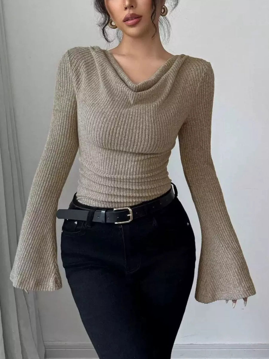 Khaki ribbed asymmetrical cowl neck top with flared sleeves