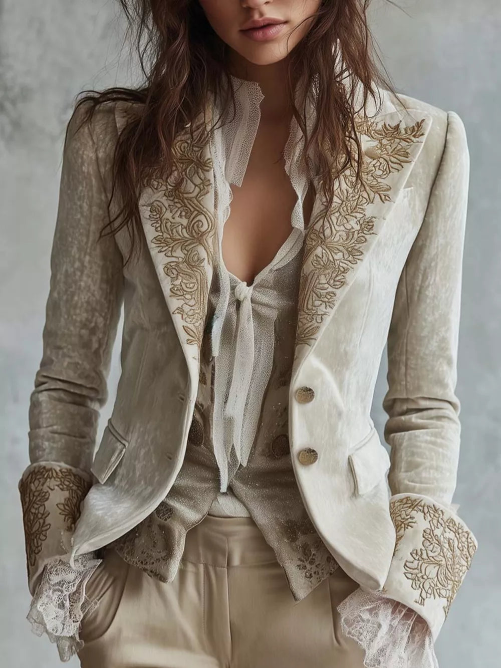 cream blazer with floral and notch lapel