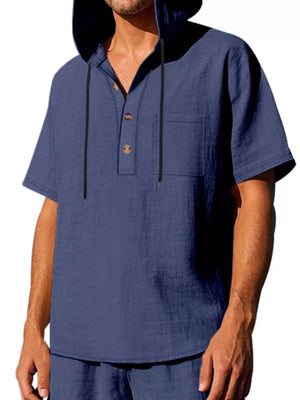 Men's blue linen short sleeve hooded pullover shirt with button placket and chest pocket.