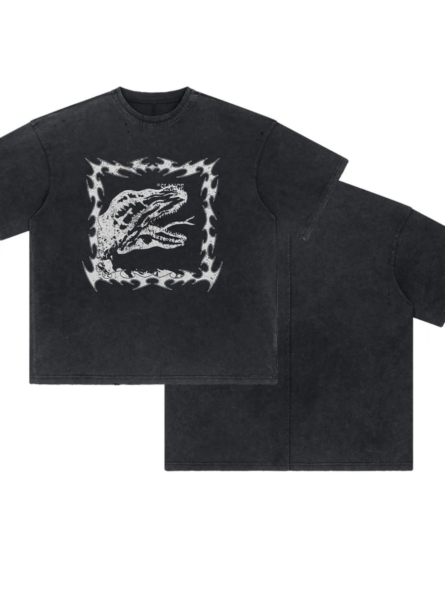 Black distressed graphic tee with dinosaur motif and flame border.