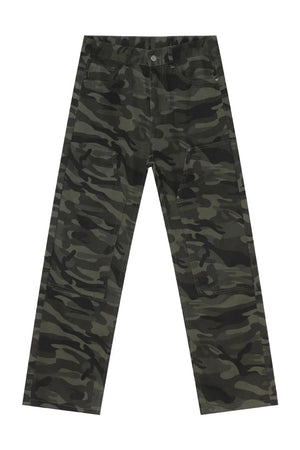 Utility camo carpenter jeans in black with multiple cargo pockets.