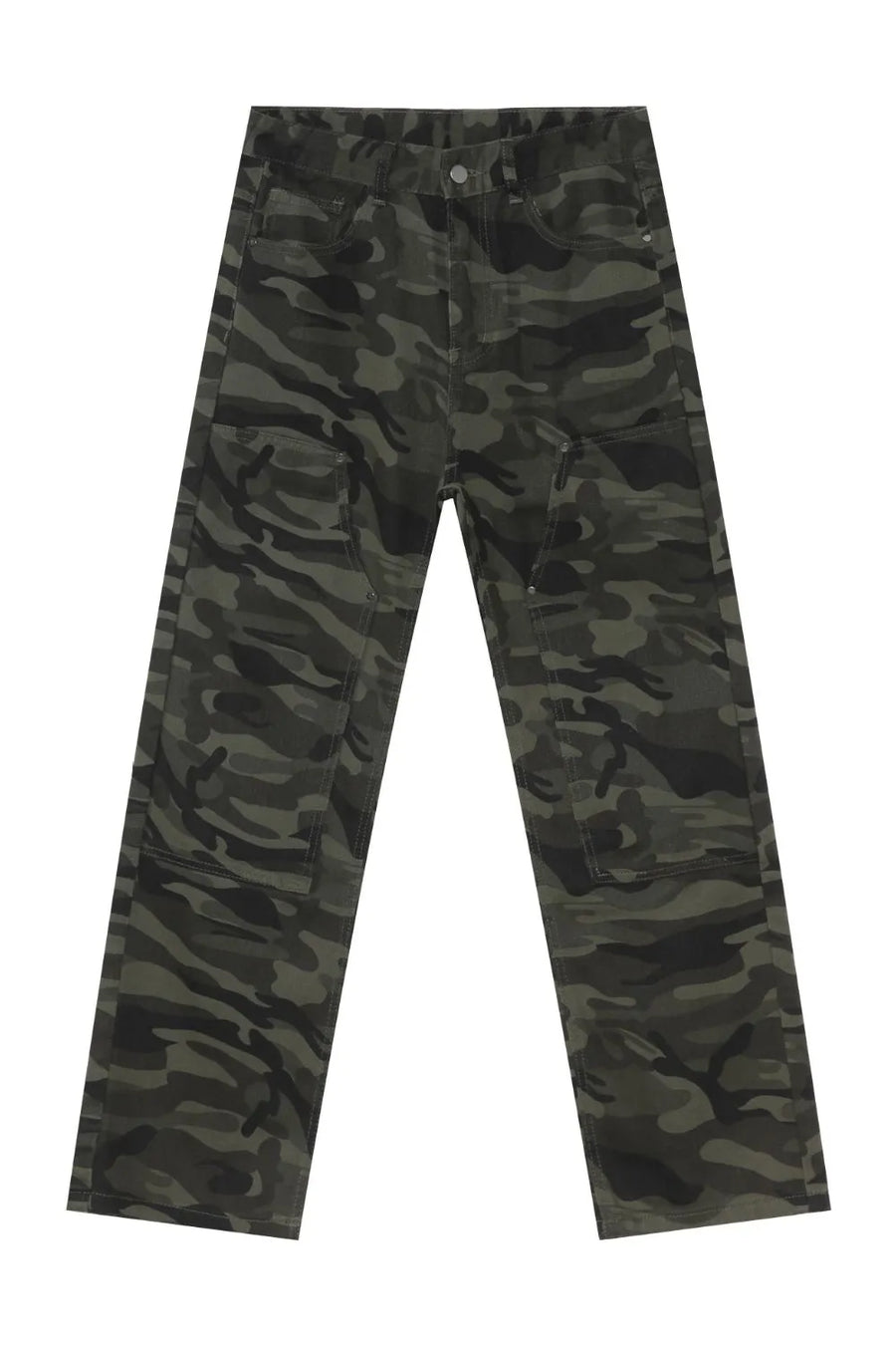 Utility camo carpenter jeans in black with multiple cargo pockets.