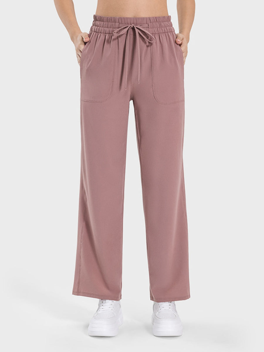 Light Mauve relaxed fit palazzo pants with drawstring waist and pockets.