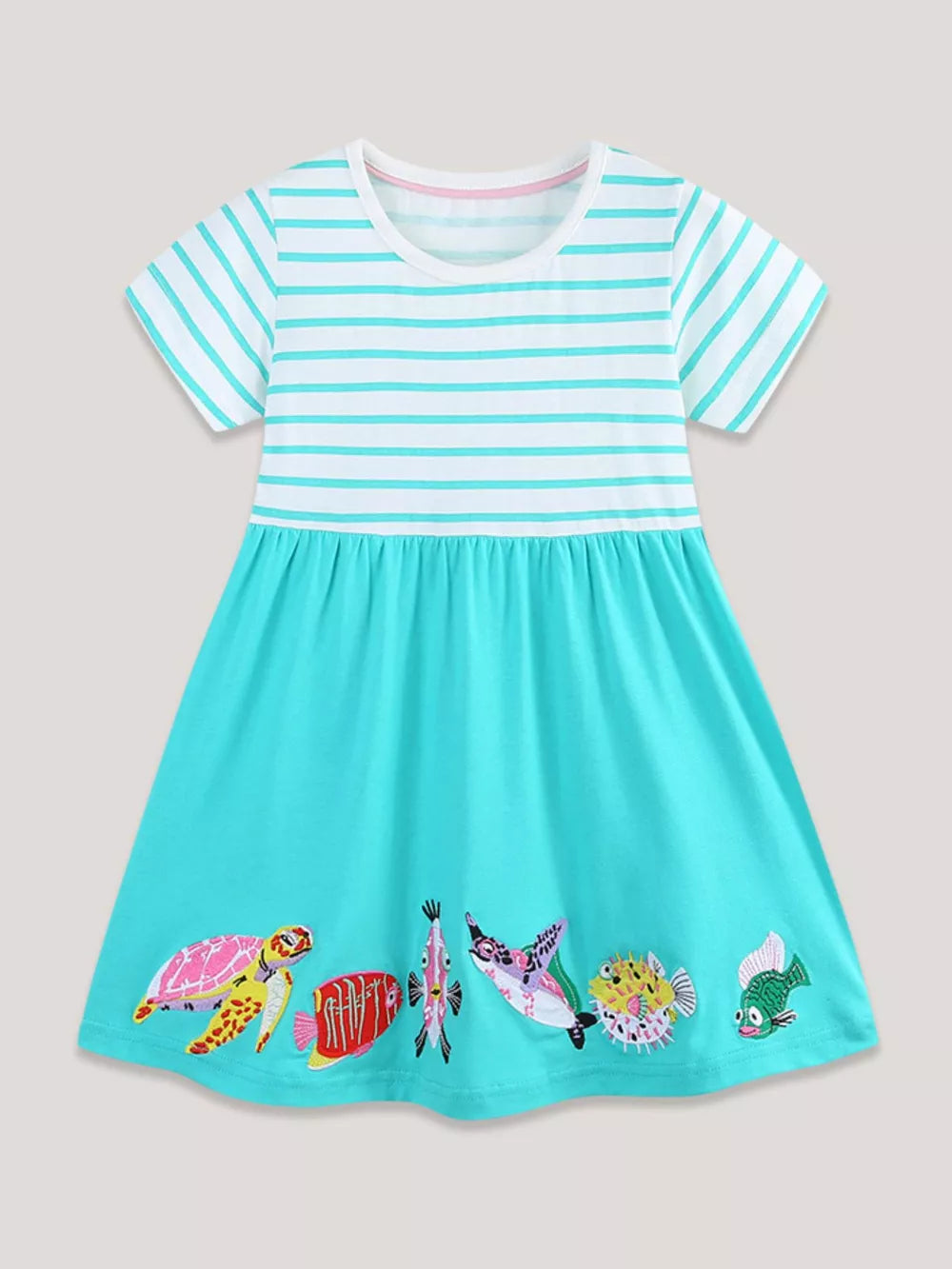 Baby cotton dress with aqua marine skirt and embroidered sea life, white & aqua striped top.