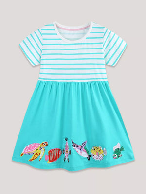 Baby cotton dress with aqua marine skirt and embroidered sea life, white & aqua striped top.