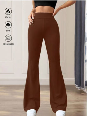 Premium high waist flare pants in caramel cotton, with a ribbed texture.