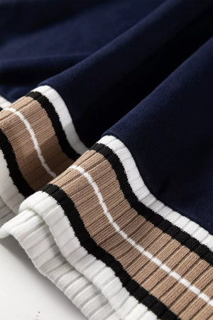 Contrast Striped Trim V Neck Sweatshirt in Dark Navy with stretch