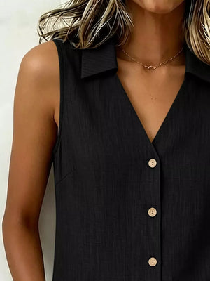 Olive Full Size Button-up Sleeveless Collared Top