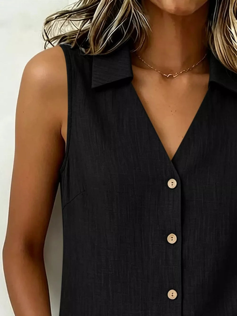 Olive Full Size Button-up Sleeveless Collared Top