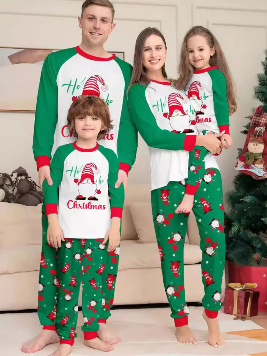 green pajama set with gnome print and crew neck