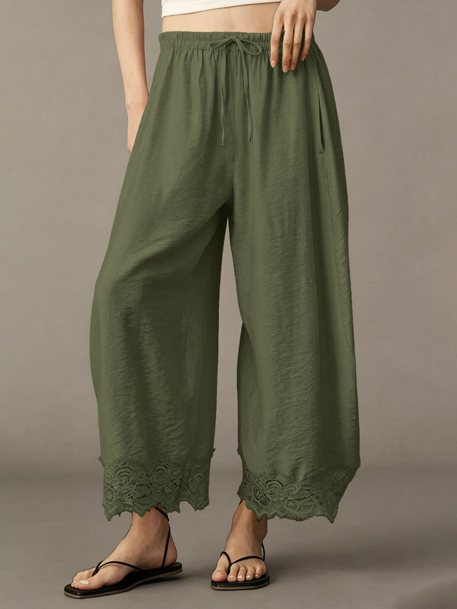 Yellow wide-leg pants with ankle-length and drawstring