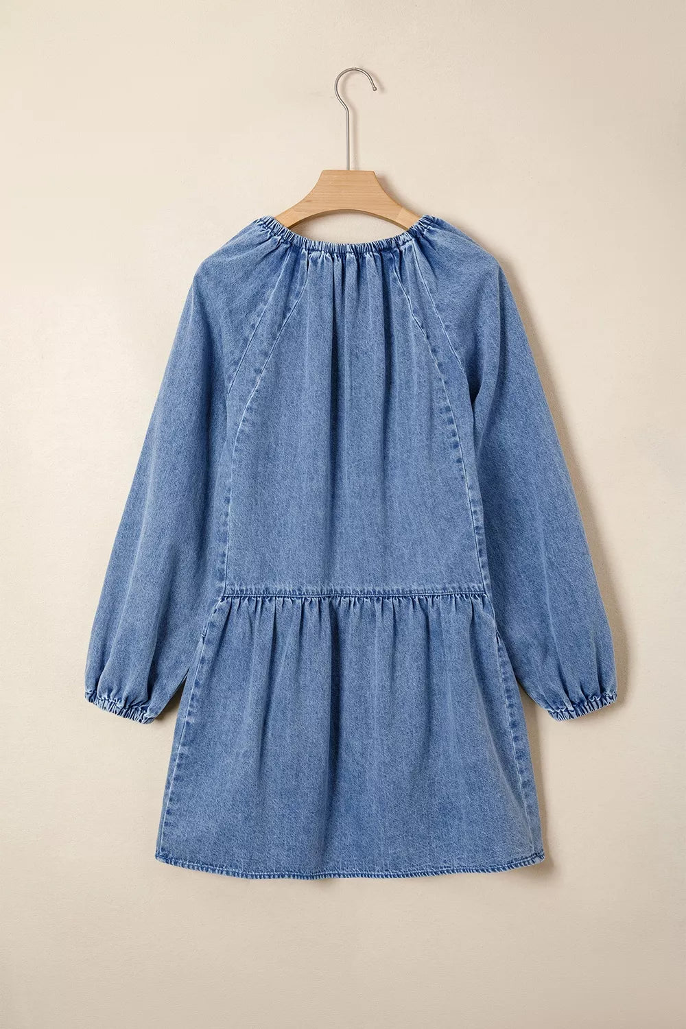 medium wash denim blue loose mini dress with v-neck