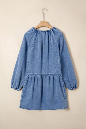 medium wash denim blue loose mini dress with v-neck