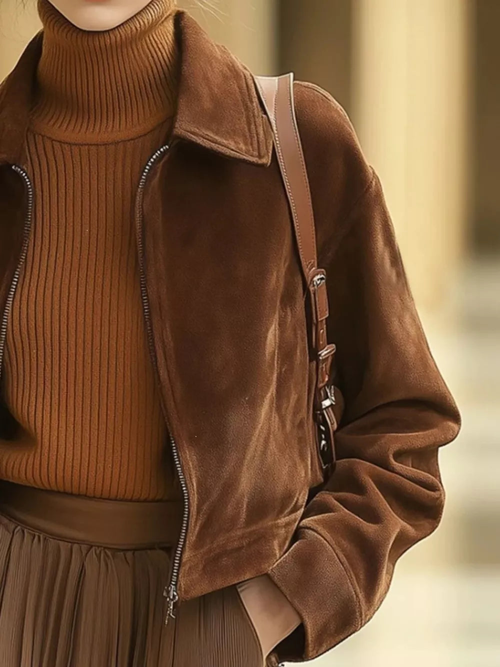 100% polyester Care instructions: Machine wash cold zip-up jacket in Brown with boxy silhouette
