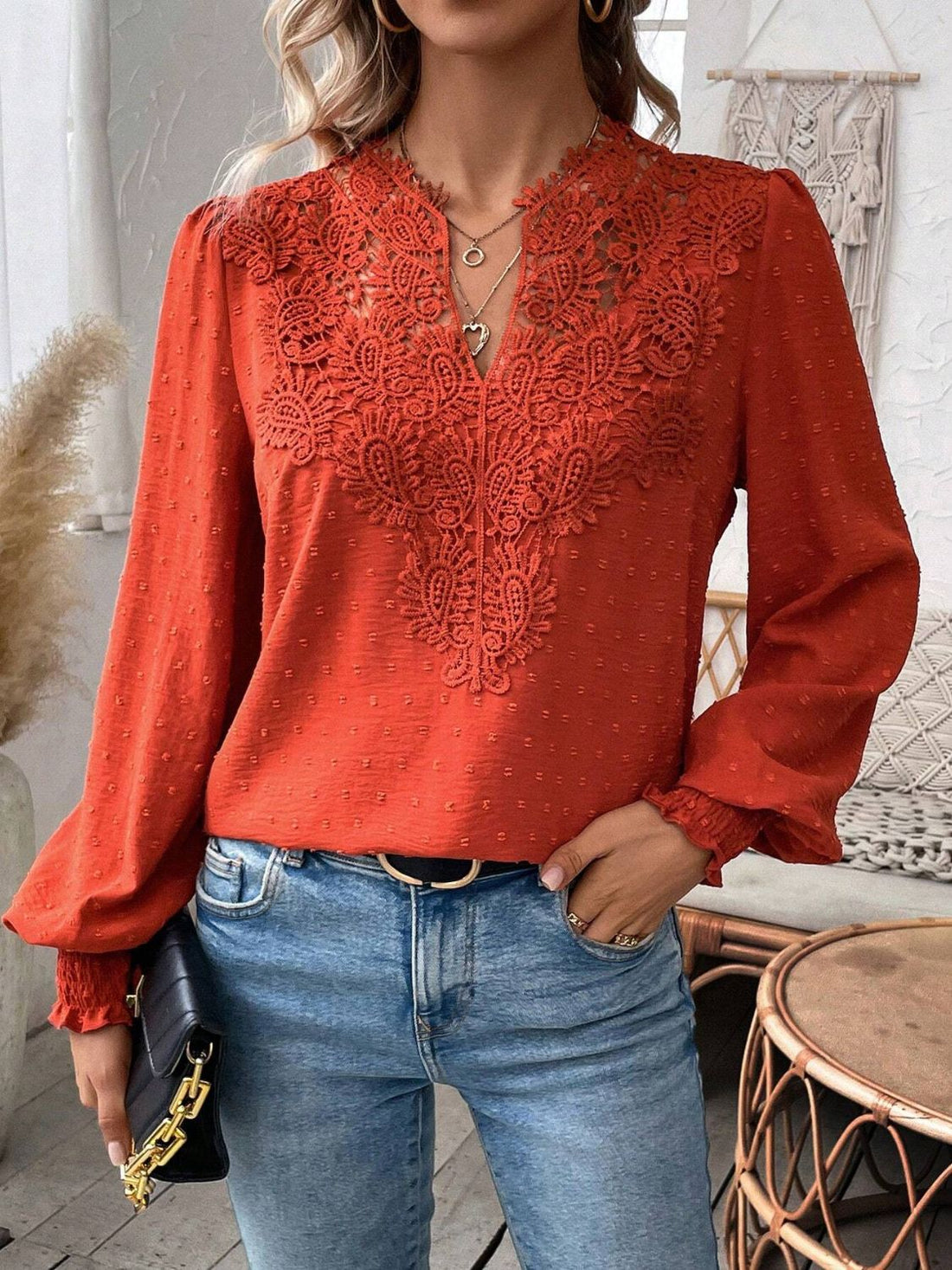 Orange-Red embroidered yoke blouse with puff sleeves and dot texture