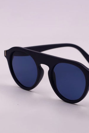 Round frame sunglasses with dark blue lenses and black frames.