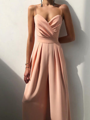 Ruched spaghetti strap wide-leg jumpsuit in Lotus Root with a sweetheart neckline and pleated wide legs.
