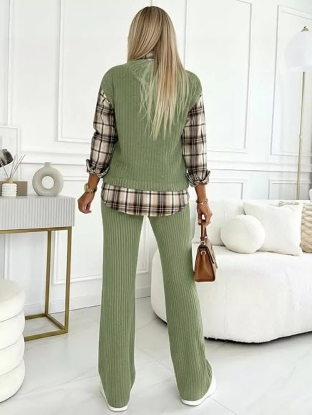 Ribbed Knit Plaid Sleeve Top & Pants Set in Green