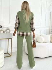 Ribbed Knit Plaid Sleeve Top & Pants Set in Green
