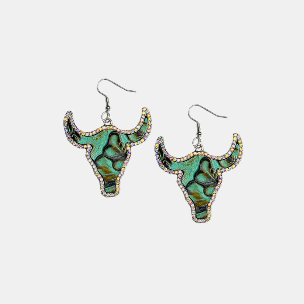 Teal bull skull earrings with crystal trim and embossed pattern