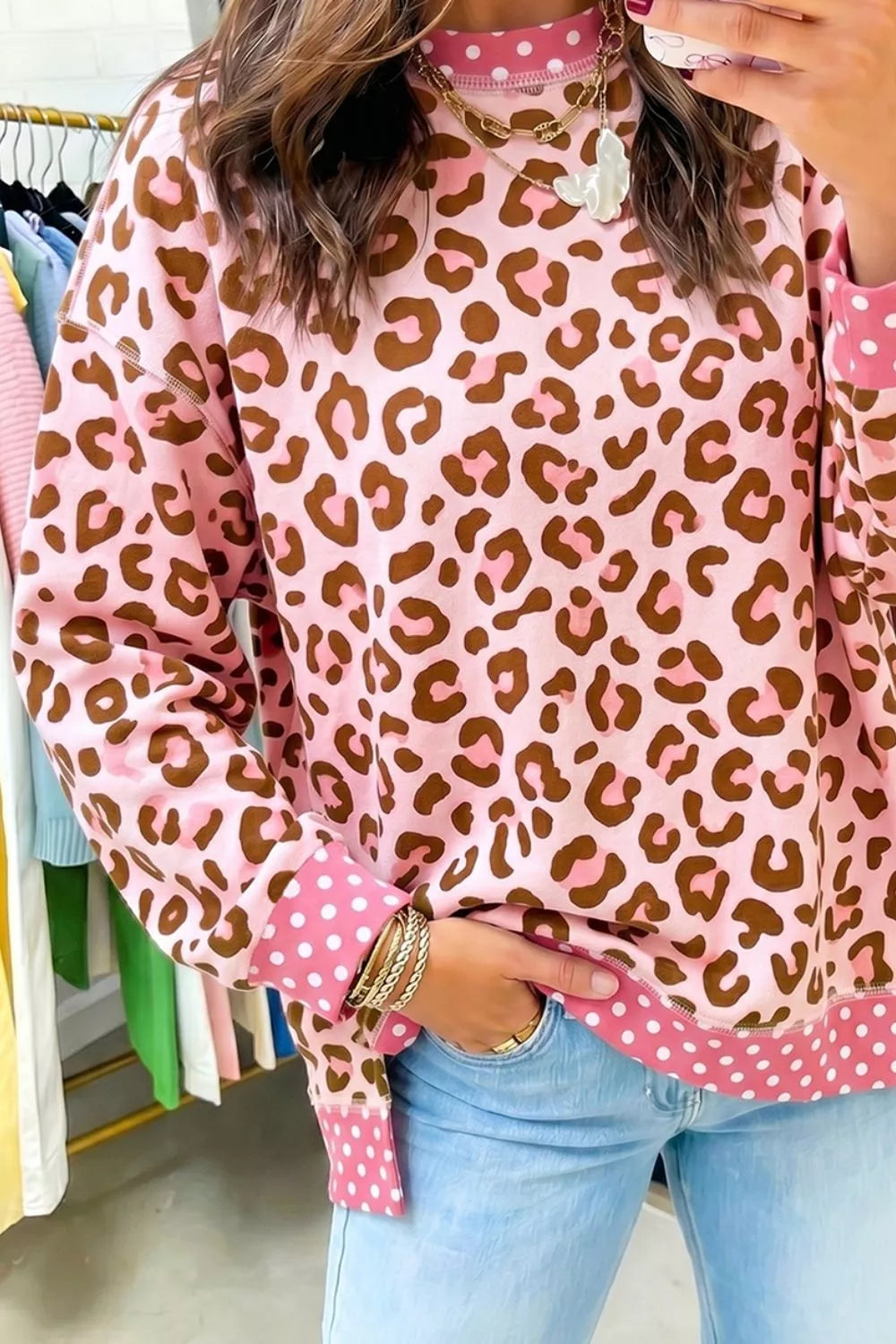 brown sweatshirt featuring stretchy and leopard-print