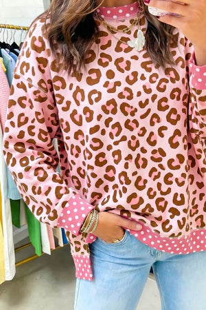 brown sweatshirt featuring stretchy and leopard-print