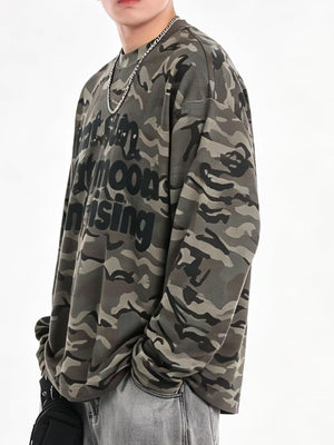 dark green t-shirt featuring graphic print and camo