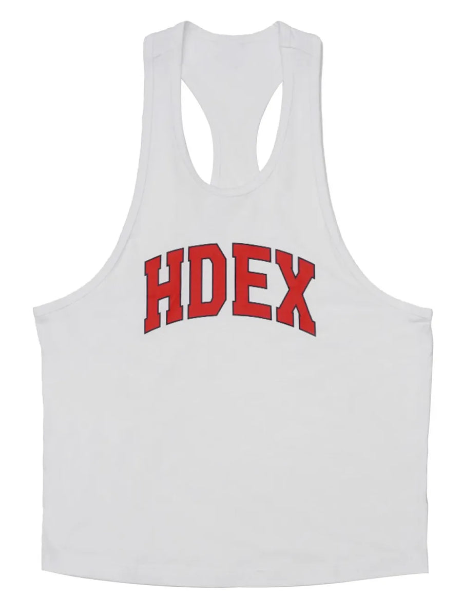 White athletic tank top with red HDEX graphic and racerback.