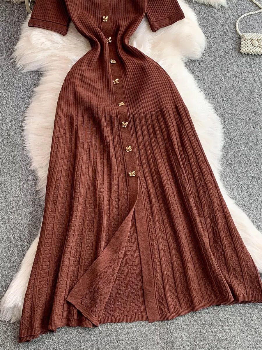 Brown ribbed knit midi dress with gold button detail and front slit