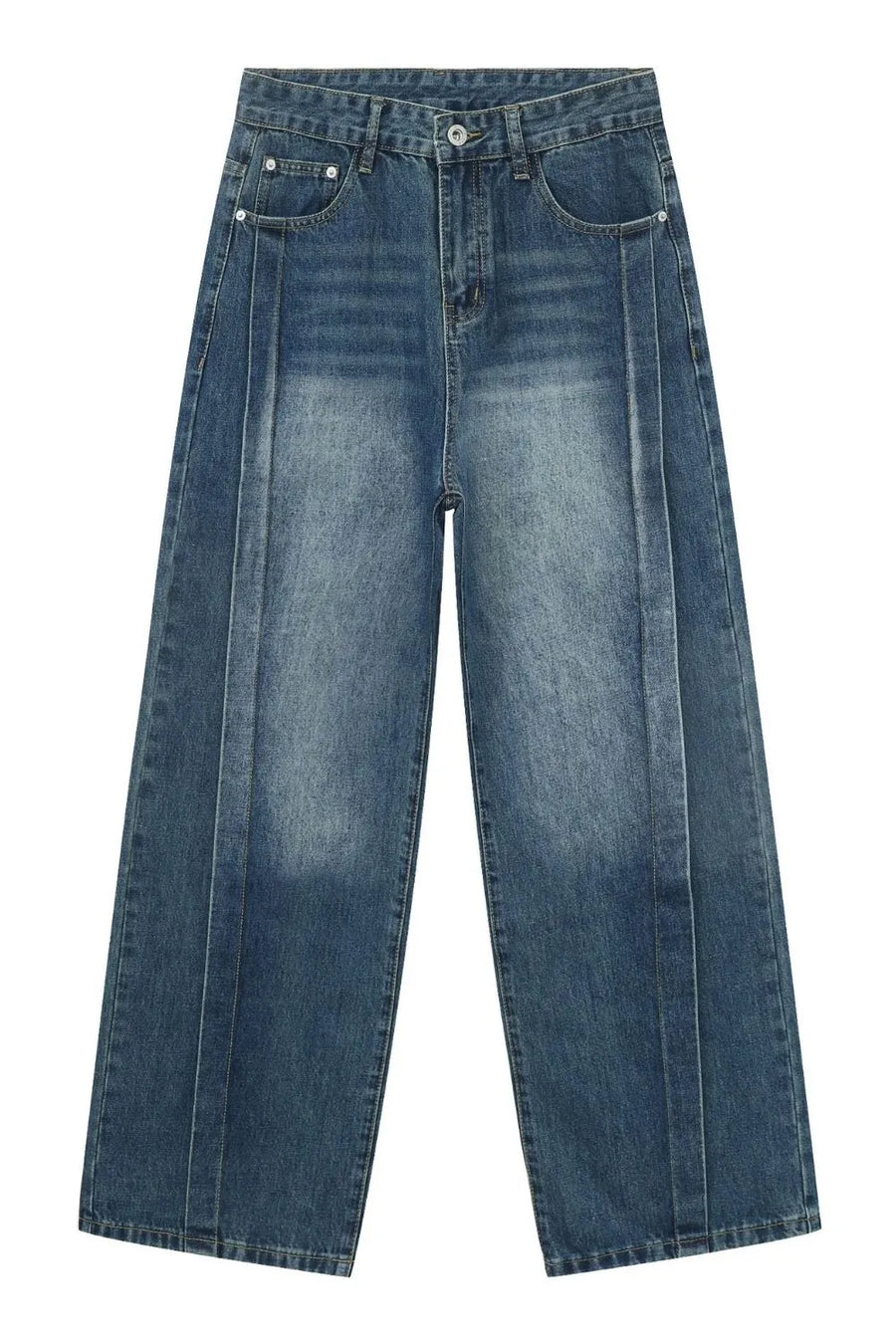 Medium wash denim jeans with vertical seams and wide legs.