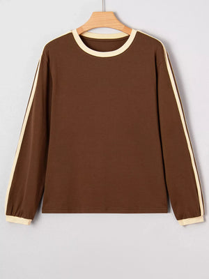 Dark brown long-sleeve t-shirt with contrast crew neck and stripe details on sleeves.